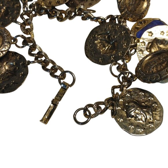 Coin Charm Bracelet Vintage Lapis Lazuli Turquoise Glass Stone Egyptian Etruscan - Picture 6 of 12